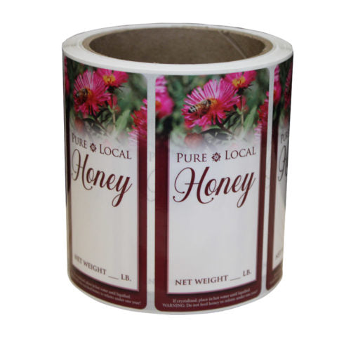 Honey Label, Jar Size, Red Flower & Bee Style, Roll of 250