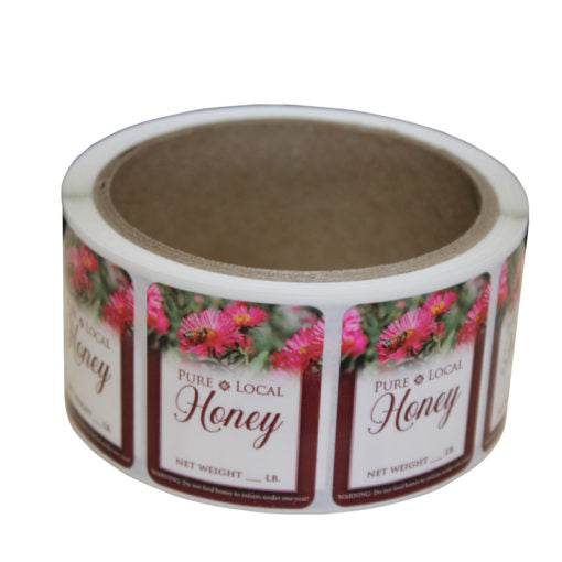Honey Label, Bear Size, Red Flower & Bee Style, Roll of 250